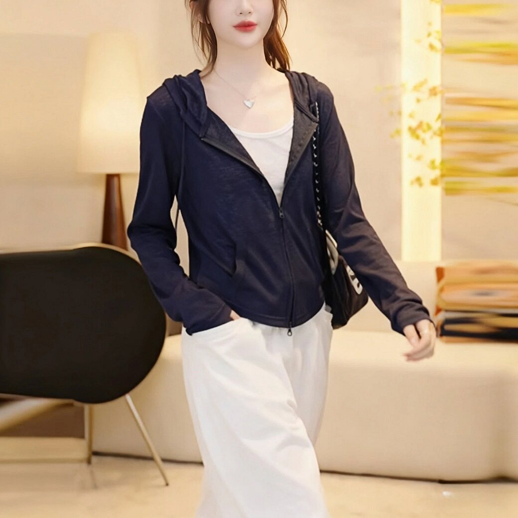 Fjwldy高级感假两件连帽长袖t恤女早秋季新款大码百搭双拉链上衣