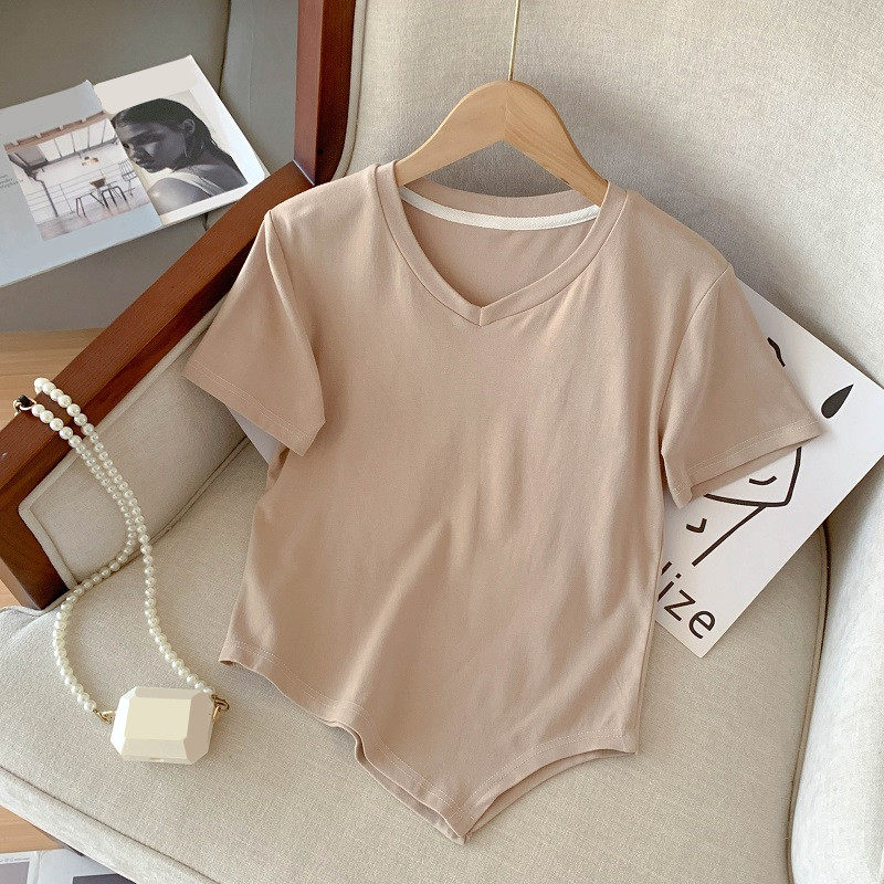 Fjwldy夏季新款辣妹v领短袖t恤女大码短款小衫不规则修身显瘦上衣