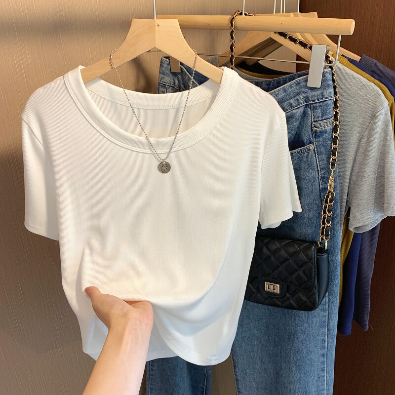 Fjwldy正肩白色短袖t恤女春夏季新款2025修身小个子上衣大码女装