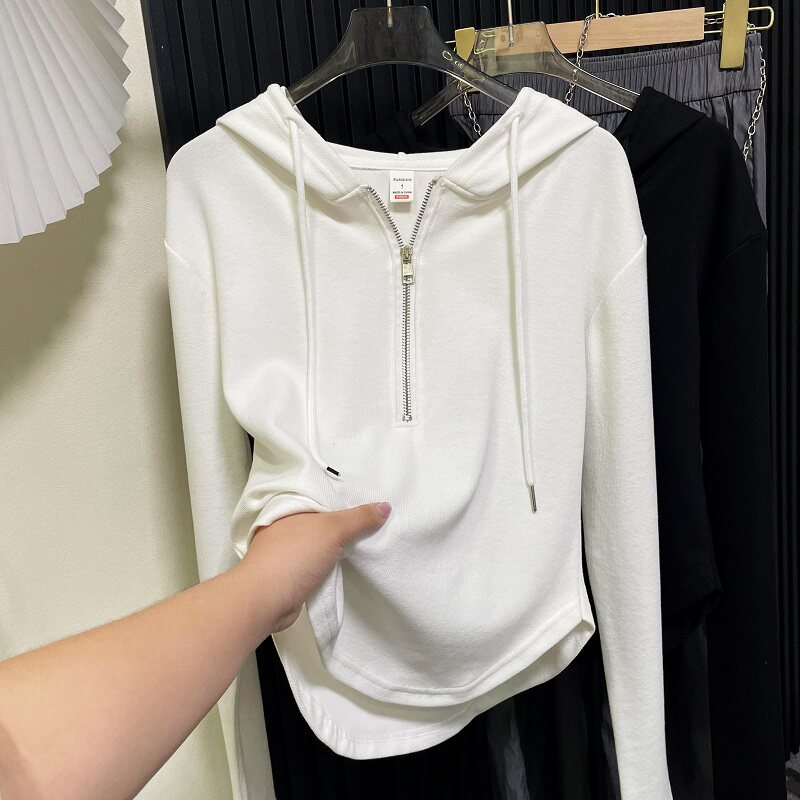 Fjwldy短款抽绳连帽卫衣女秋装韩版大码修身半拉链设计感上衣