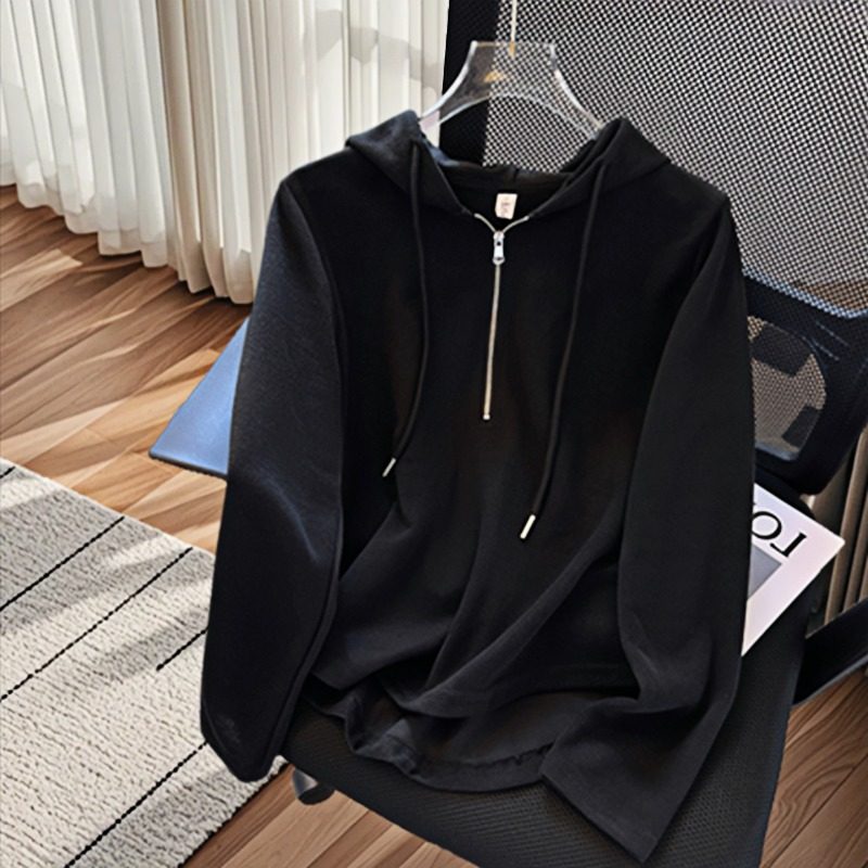 Fjwldy黑色正肩连帽卫衣女春秋新款半拉链连帽大码修身打底上衣