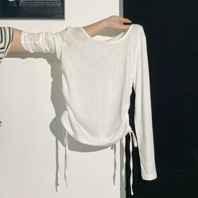 Fjwldy纯色早秋新款长袖T恤衫春秋季独特大码显瘦抽绳微透薄上衣