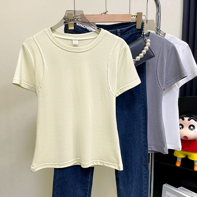 Fjwldy奶黄色圆领正肩短袖t恤女2025夏季基础款大码修身显瘦上衣