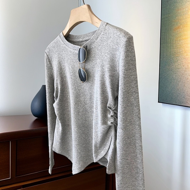Fjwldy不规则个性小众抽褶设计上衣风纯色圆领大码内搭长袖T恤女
