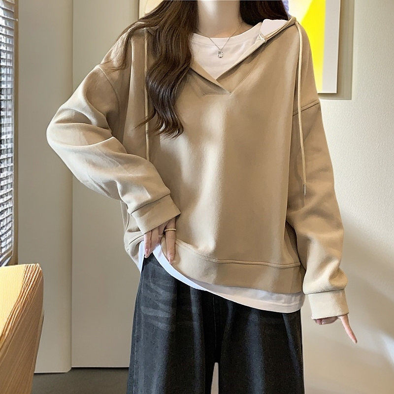 Fjwldy连帽卫衣女春秋季宽松大码显瘦拼接设计感小众假两件上衣