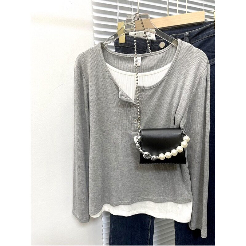 Fjwldy假两件拼接长袖T恤女大码修身秋冬遮肚藏肉高级感别致上衣