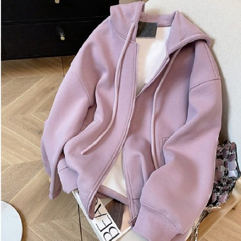 Fjwldy美式大码拉链开衫薄款卫衣女春秋宽松休闲百搭连帽加绒外套