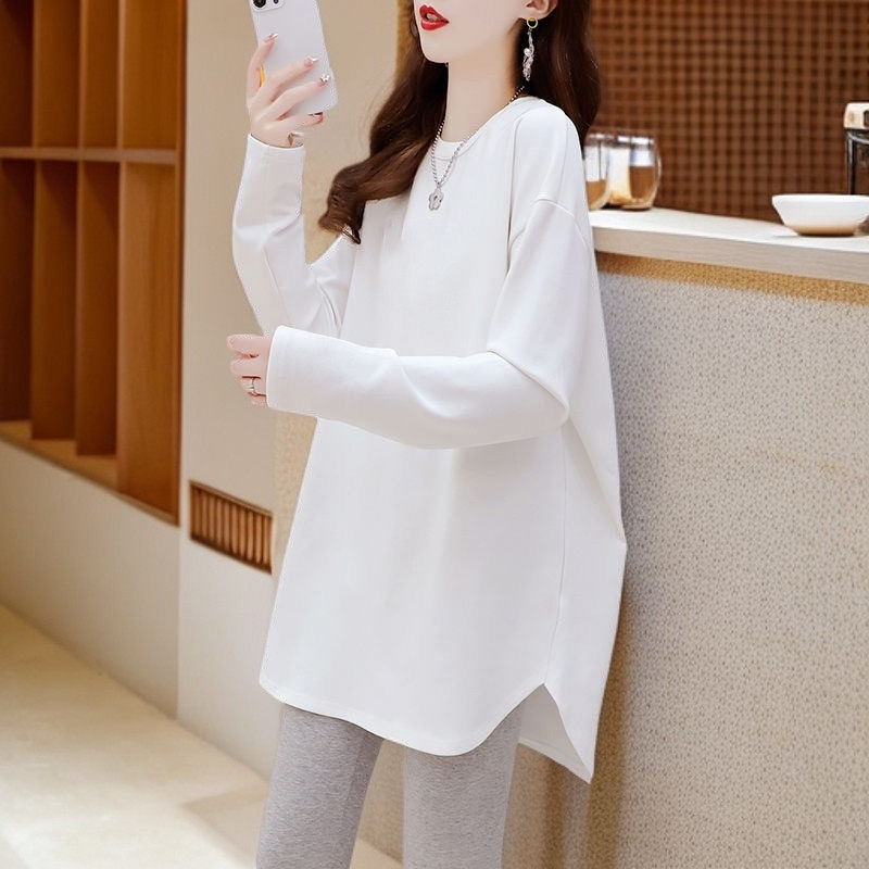 Fjwldy大码长袖T恤女春秋中长款遮屁股内搭打底衫秋冬叠穿上衣