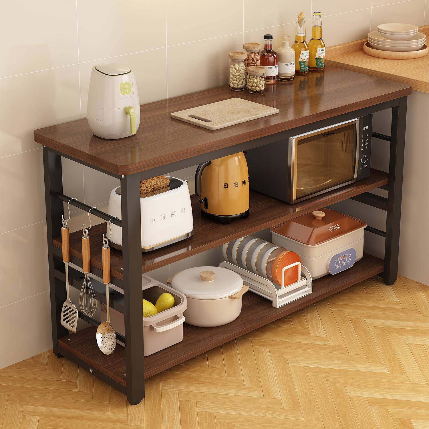 厨房置物架多功能落地切菜桌子备餐工作台多层微波炉收纳架窄边柜