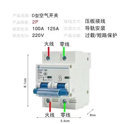 百德尔 空气开关断路器DZ47-1252P100A125A短路过载保护家用220V
