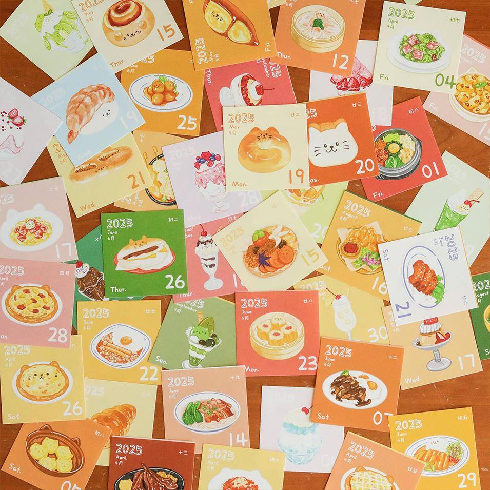 2025年mini日历365日付无粘性手绘食物主题手帐素材新年圣诞礼物