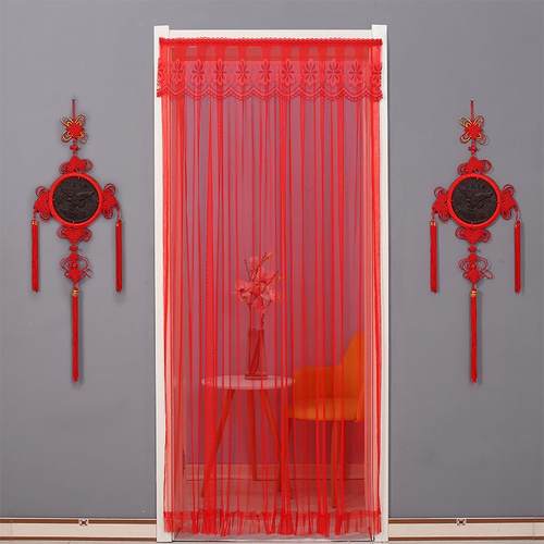 结婚门帘婚房免打孔隔断帘卧室防蚊婚庆大红喜庆防蚊纱蕾丝帘长款