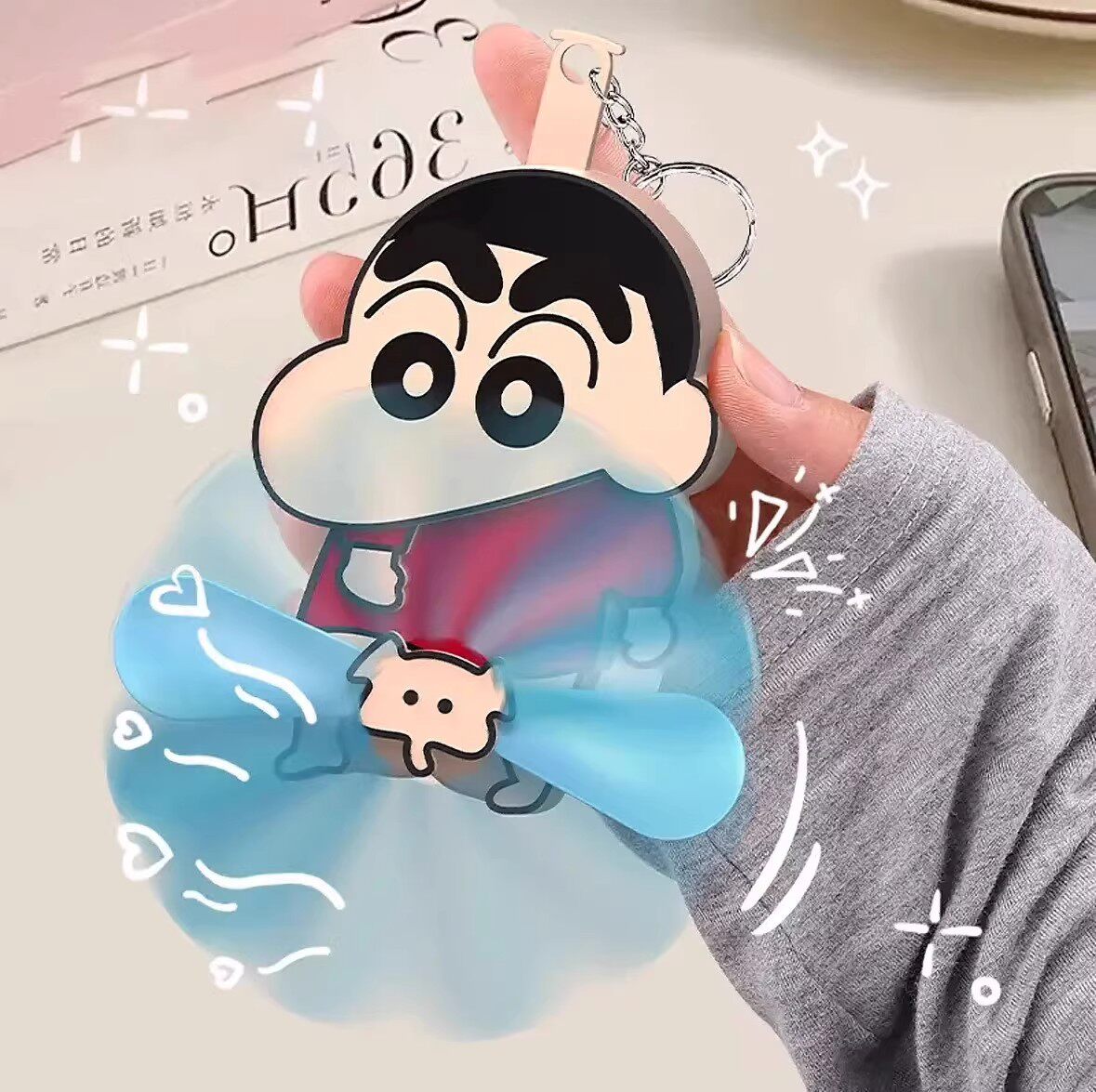 捣蛋风扇蜡笔小新手摇迷你按压电扇包挂饰卡通钥匙扣双叶折叠可爱