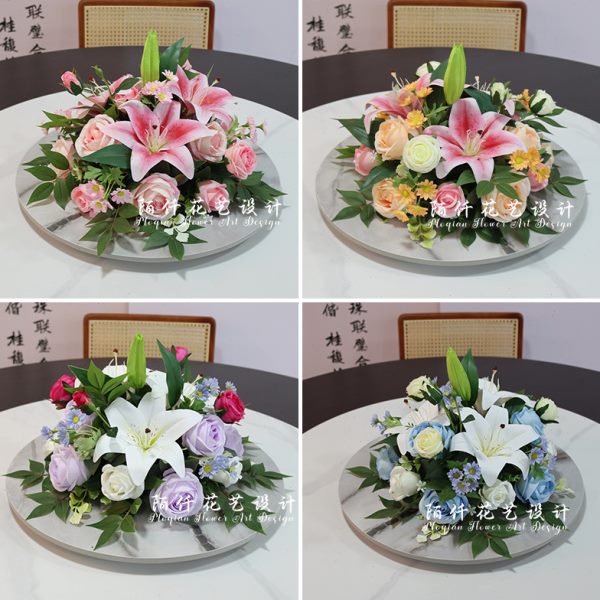 餐厅酒店桌花摆件百合玫瑰圆桌餐桌花摆花饭店桌面转盘中间装饰花