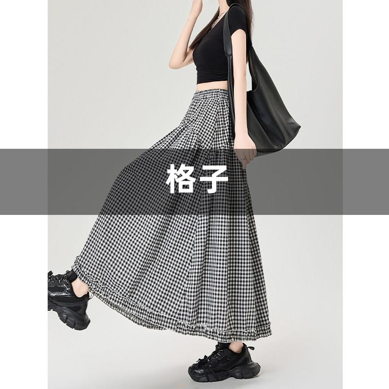速发现货长白糕复古木耳花边格子半身裙女春夏高腰A字蛋糕裙中长