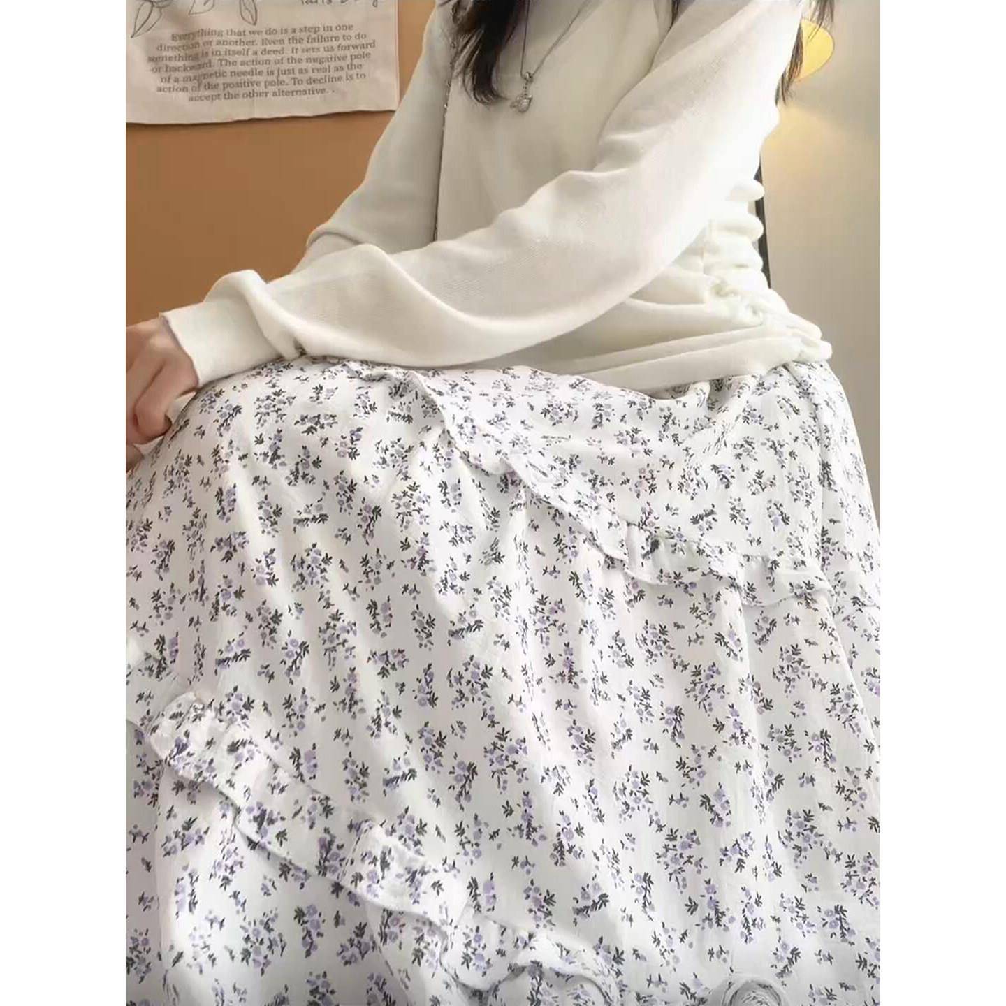 速发现货长白糕白色碎花半身裙女夏季高腰宽松慵懒显瘦中长款a字