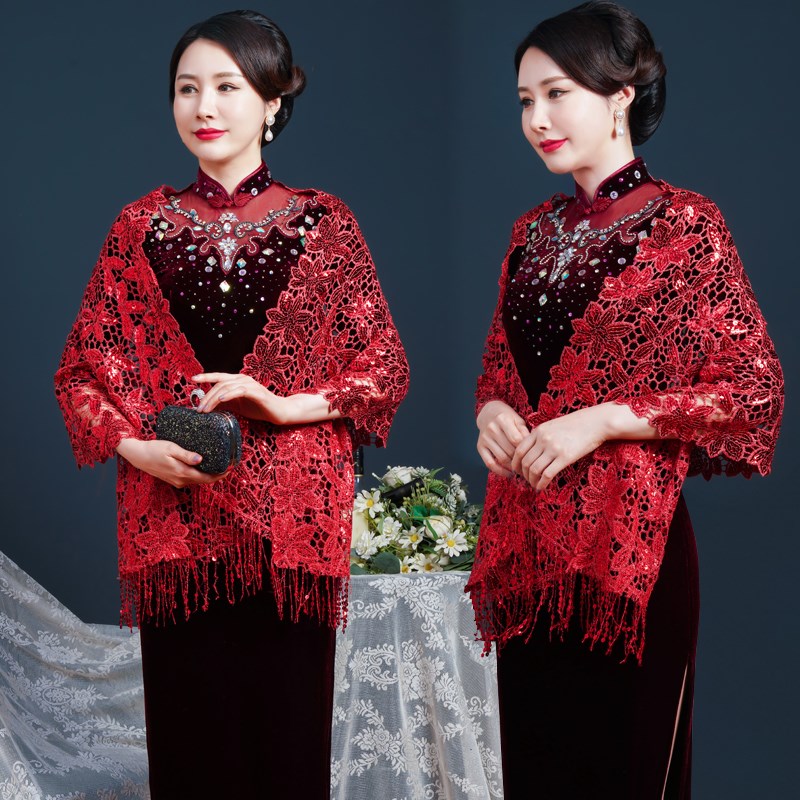 红色婚礼妈妈披肩春秋旗袍外搭高贵春秋款金色亮片流苏长方形外披