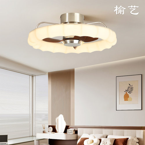 榆艺中古木纹奶油风吸顶风扇灯