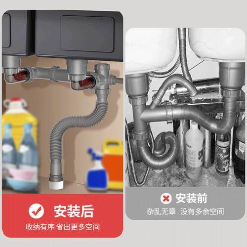 厨房水槽洗菜盆下水管双槽防臭排水管侧排洗碗池后置省空间下水器
