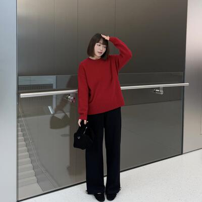 Semi Tangle「光语」春秋新品全羊毛圆领套头上衣宽松纯色长袖女