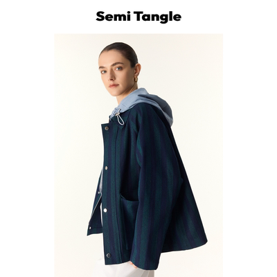 蓝绿条纹棉混纺牛仔可拆通勤外套