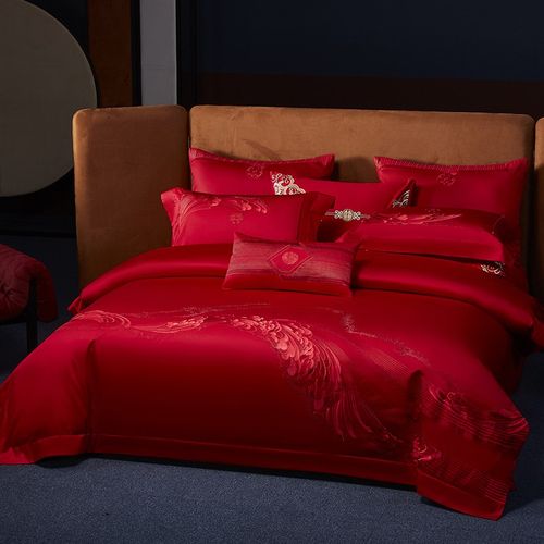 优选140支全棉大红色婚庆四件套刺绣结婚六十件套喜被子婚房床上