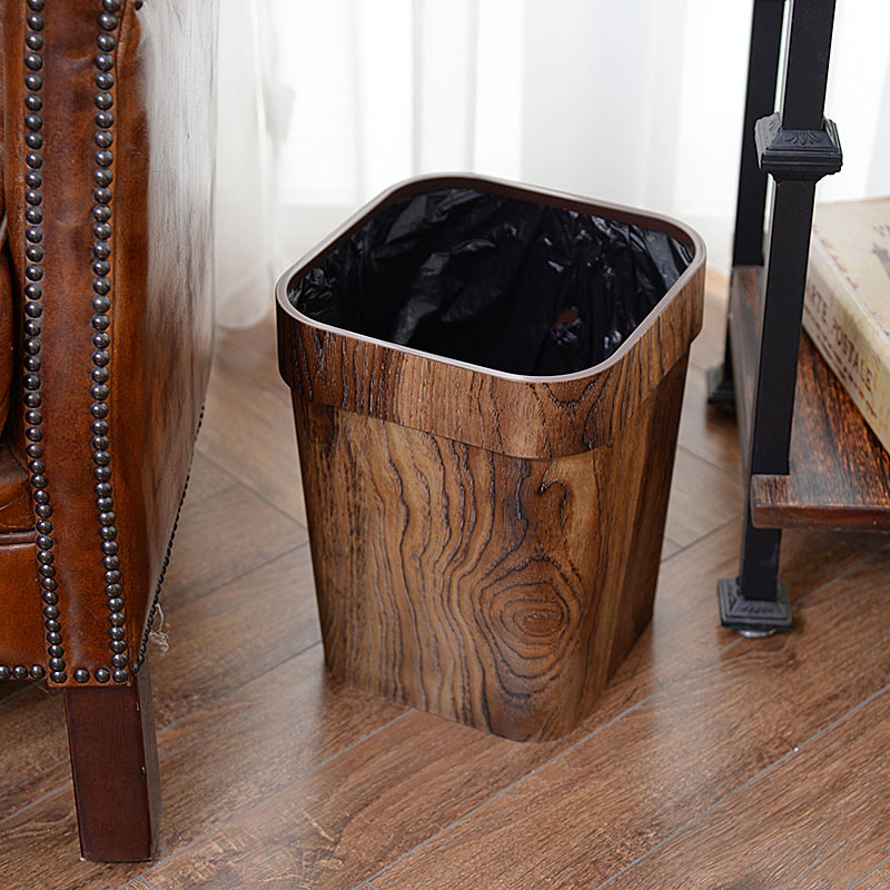 家用仿木纹垃圾桶客厅无盖大号创意正方形塑料带压圈卫生间纸篓