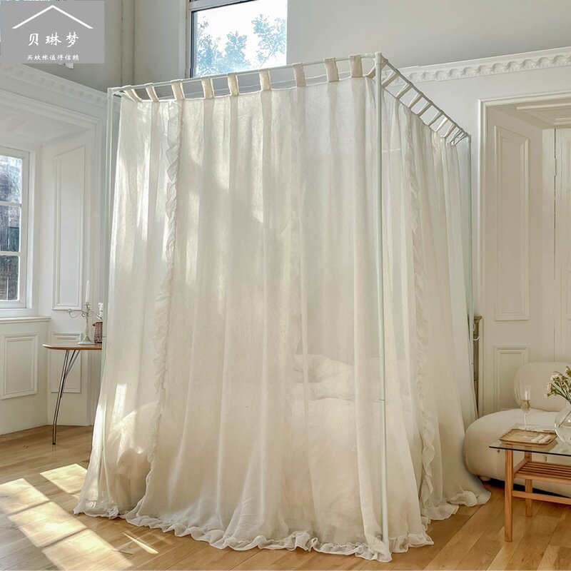 优选法式亚麻床幔遮光宫廷蚊帐落地式绑绳款家用民宿蚊帐加粗烤漆