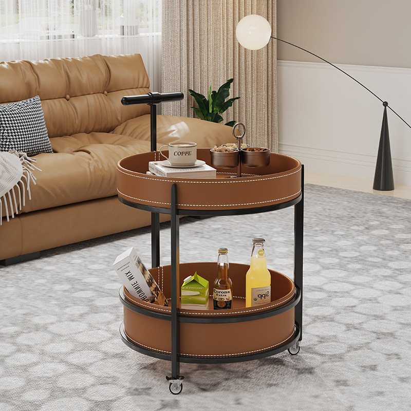 优选意式马鞍皮小推车沙发边几客厅家用卧室书房可移动带轮茶几高