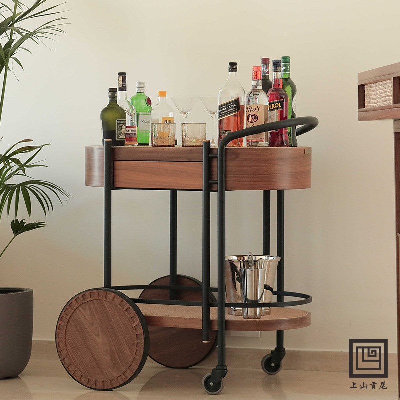 优选藤编实木小推车多功能移动小茶几沙发边几铁艺餐车中古零食置