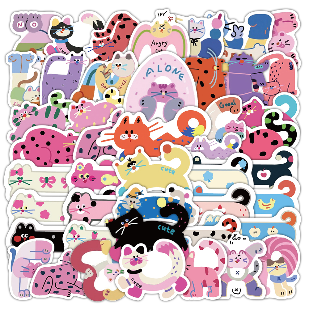 60张缤彩小猫贴纸ins风彩绘卡通装饰手账标签行李箱装饰diy小贴画