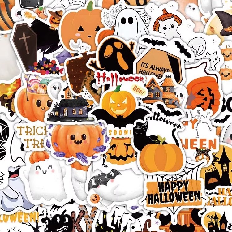 156张万圣节贴纸卡通南瓜骷髅装饰笔记本水杯行李箱防水标签贴画