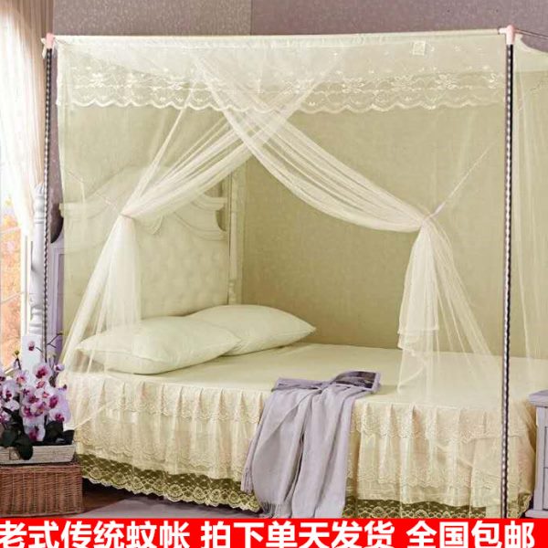 老式单门蚊帐家用简易穿杆绑绳防尘布顶1.5m普通学生单人落地帐子
