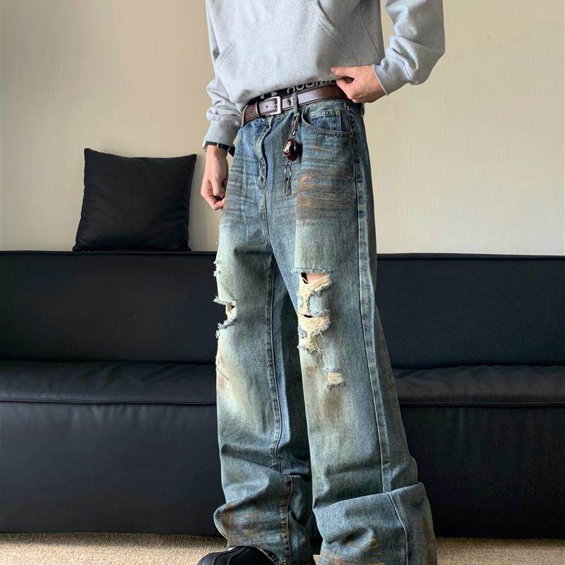 白菜coke美式复古废土风喷脏牛仔裤男高级感裤子小众设计感长裤男