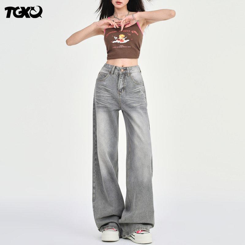 TGXQ低腰阔腿牛仔裤女2026年新款复古垂感宽松灰色小个子直筒裤子