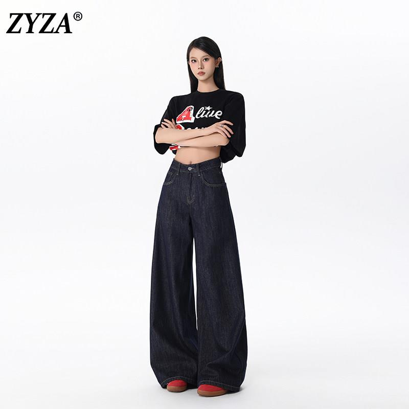 ZYZA丹宁蓝阔腿高级牛仔裤女春季新款宽松复古垂坠松弛感直筒裤子图片