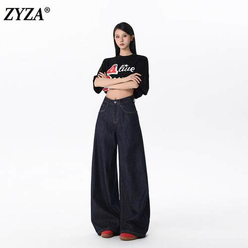 ZYZA丹宁蓝阔腿高级牛仔裤女春季新款宽松复古垂坠松弛感直筒裤子