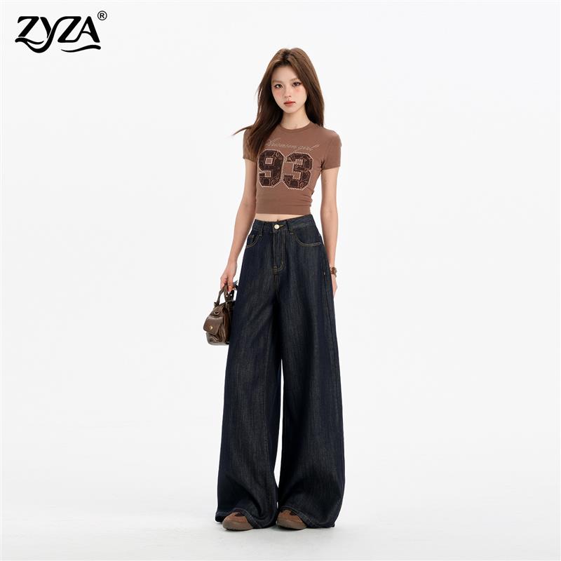 ZYZA深蓝色莱赛尔天丝牛仔裤女夏薄款休闲风高腰裤子小个子阔腿裤