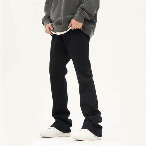 FLYOFF美式潮牌黑色微喇叭加绒牛仔裤弹力显瘦cleanfit长裤子男女