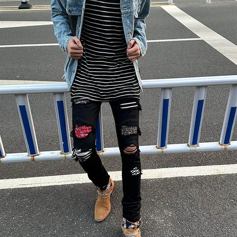 自主高街美式豹纹拼接破洞补丁牛仔裤男AM网红同款fog修身小脚裤