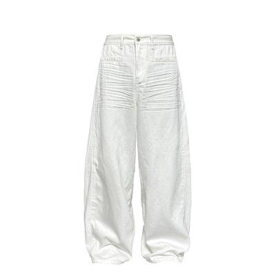JCAESAR WHITE DENIM压褶白色阔腿牛仔裤 立体抓痕猫须 baggy版型