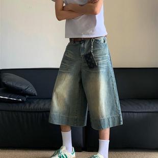 白菜coke美式复古阔腿7分牛仔裤夏季复古水洗直筒牛仔中裤男短裤