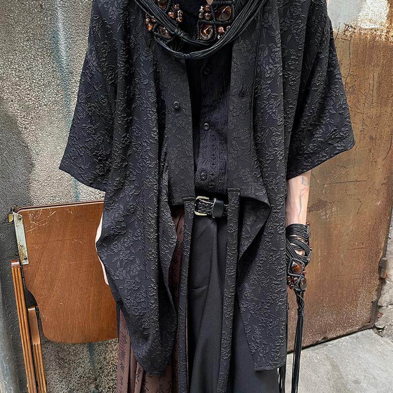 以休眠 复古夏季飘带花卉刺绣山本耀司风新中式道袍短袖衬衫外套