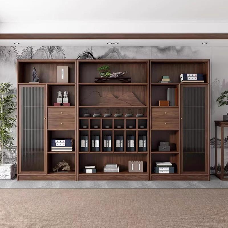 新中式实木书柜组合黑胡桃木博古架办公室文件柜展示柜茶室茶叶架