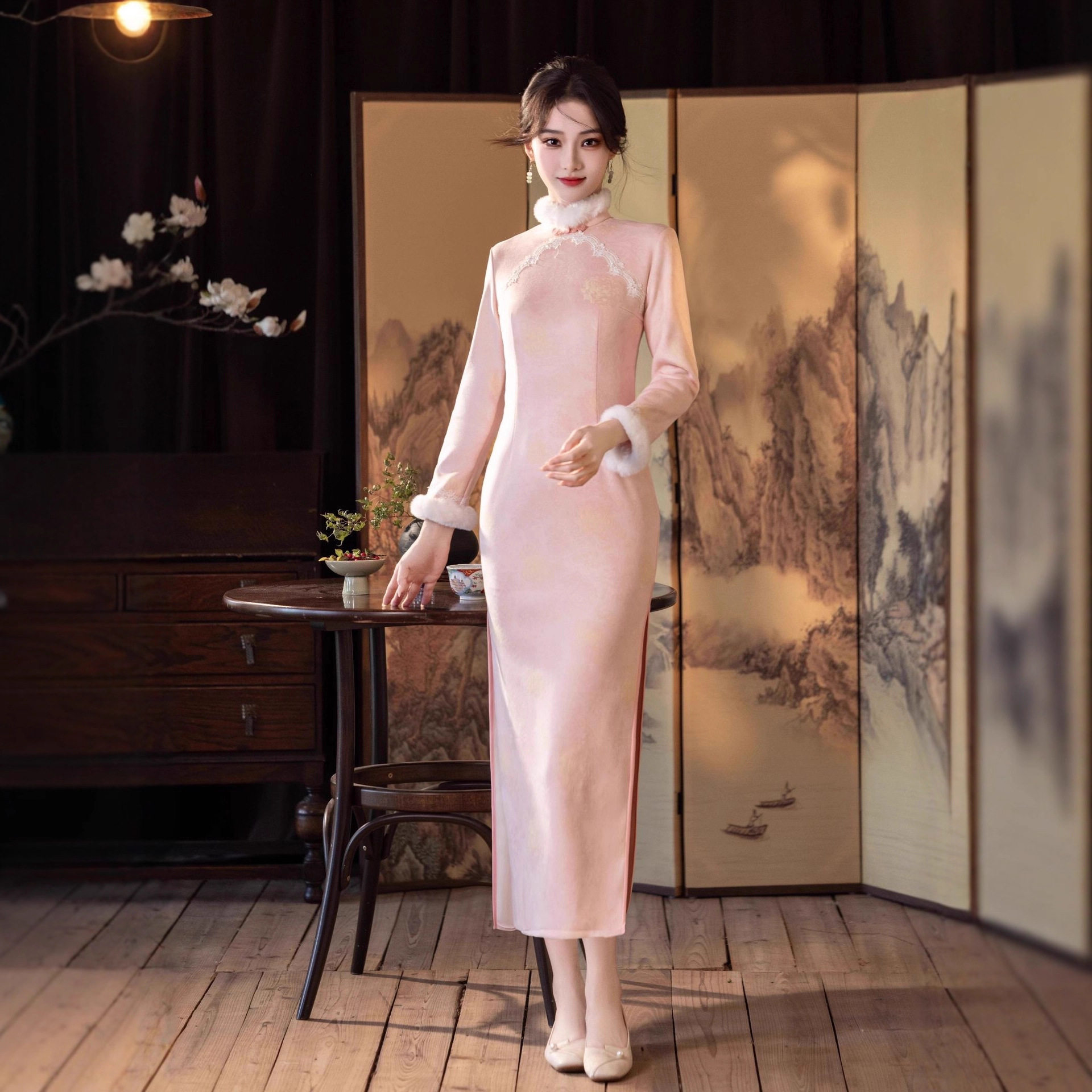 新款粉色旗袍年轻款长袖少女改良提花加绒加厚连衣裙秋冬款