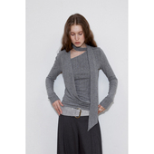 diverso原创设计斜荡领不规则飘带坑条针织灰色长袖 modo T恤女