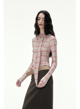 in modo diverso 原创设计格纹印花解构褶皱感飘带针织T恤女长袖