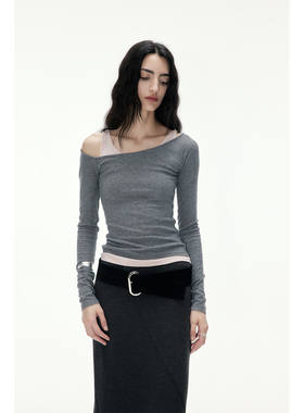 in modo diverso 原创设计醋酸羊绒拼接扭结假两件针织长袖T恤