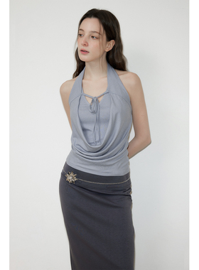 in modo diverso 原创设计进口醋酸天丝V领假两件挂脖荡领背心女