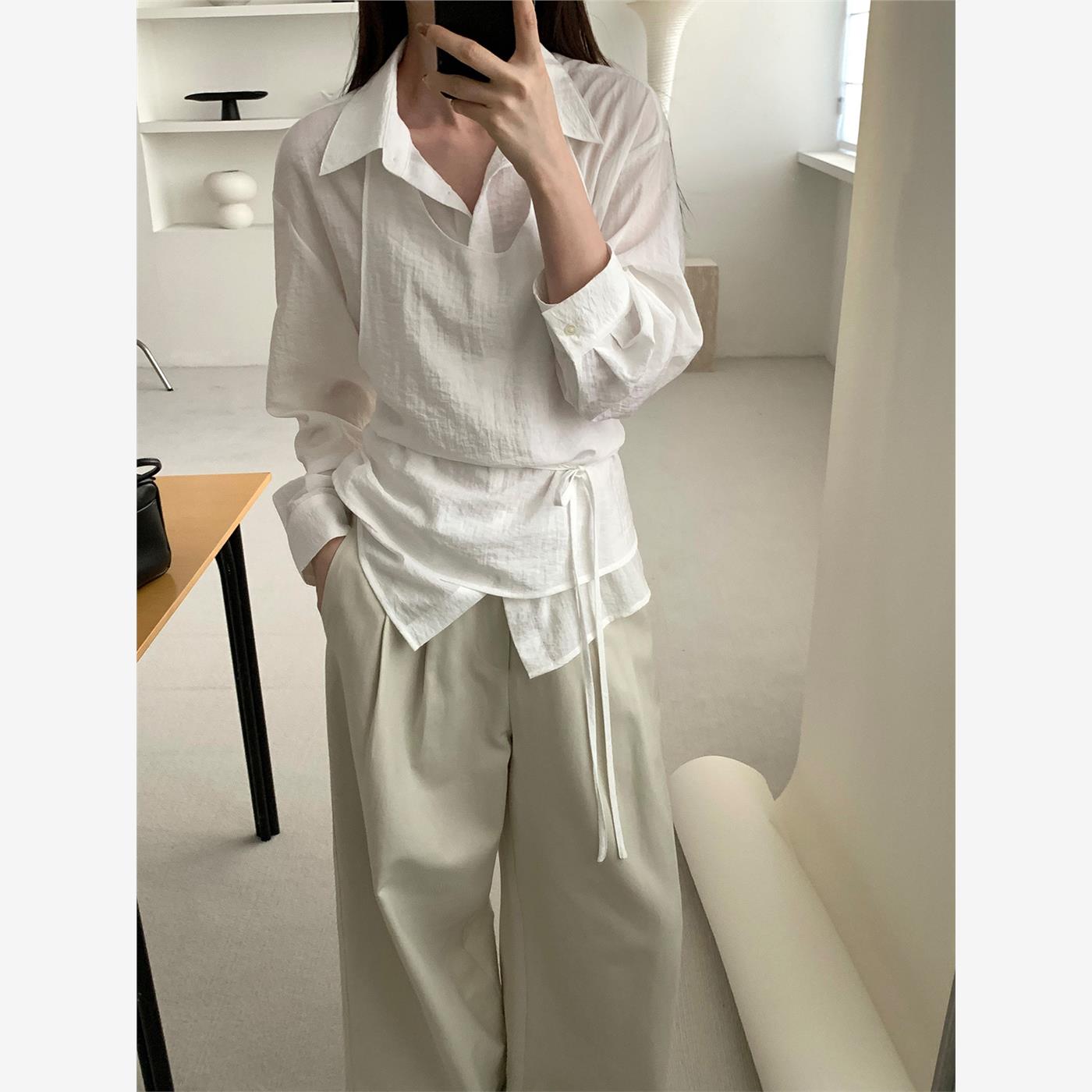 TG 小众设计挂脖吊带叠穿绑带衬衫两件套女2025春季新款上衣24569